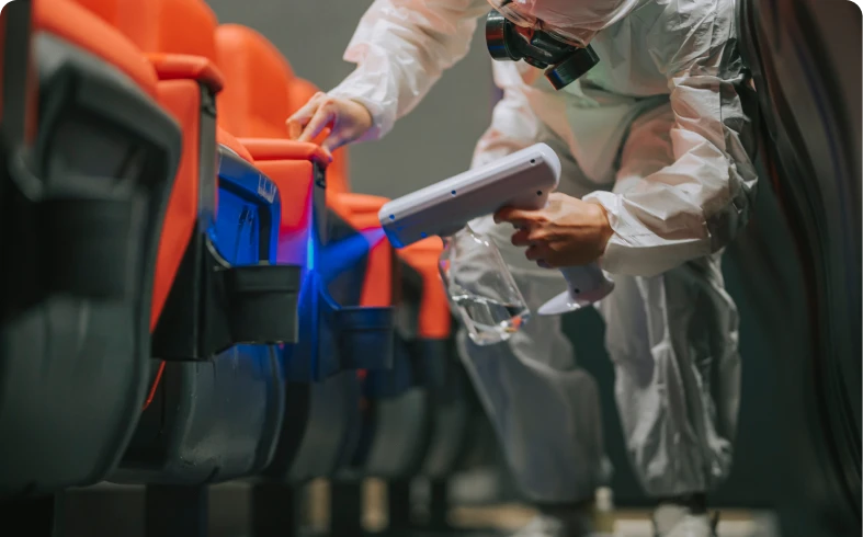 UV cleaning in progress on red chairs