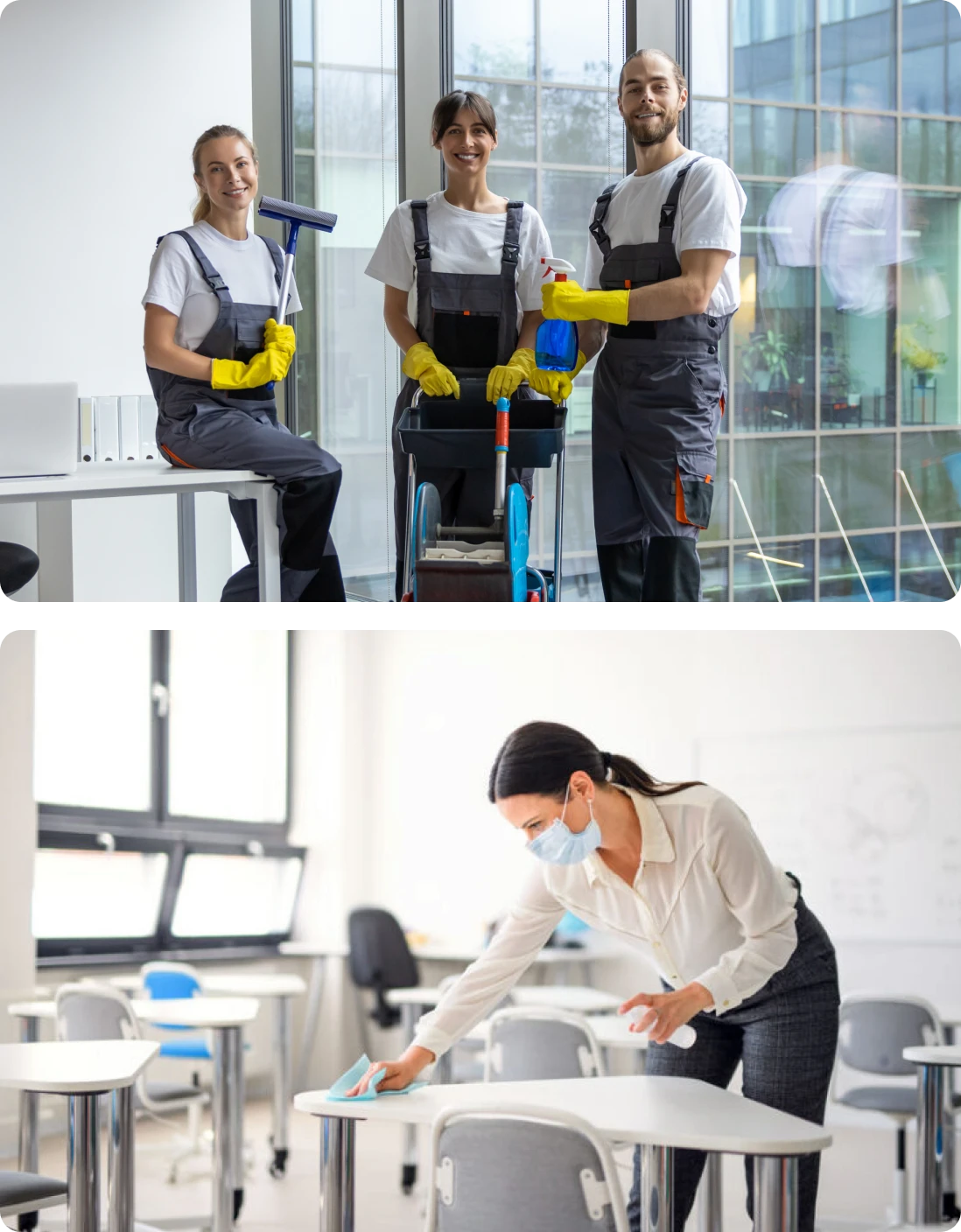 Cleaning team with equipment