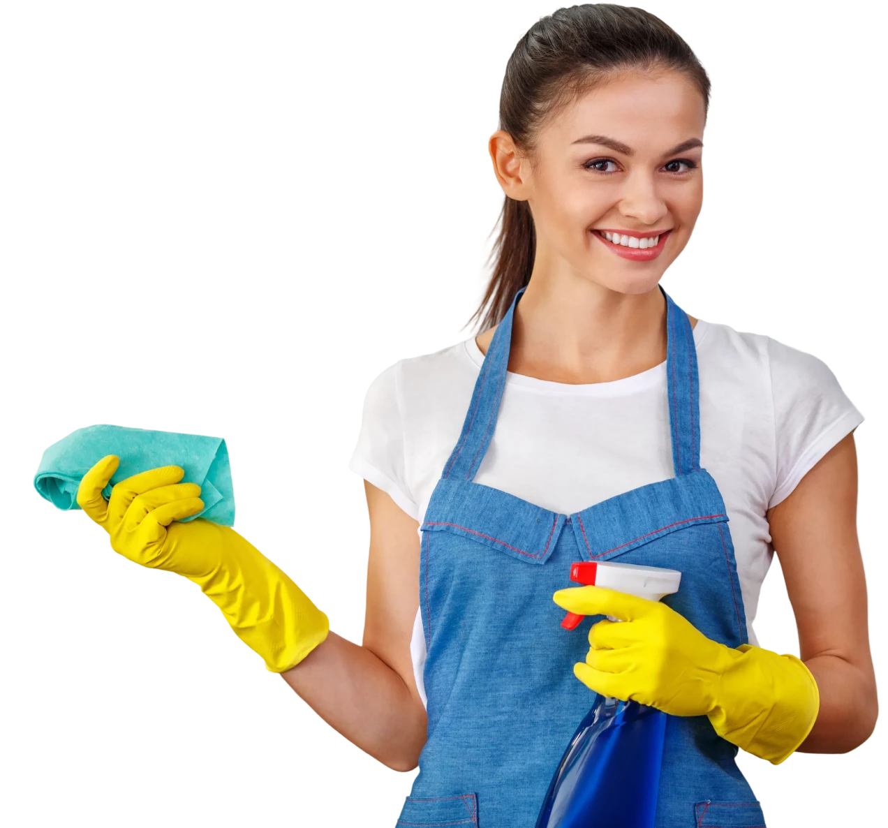 Smiling woman with cleaning supplies